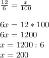 \frac{12}{6} =\frac{x}{100} \\\\6x=12*100\\6x=1200\\x=1200:6\\x=200