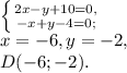 \left \{ {{2x-y+10=0,} \atop {-x+y-4=0;}} \right. \\ x=-6, y=-2, \\ D(-6;-2).