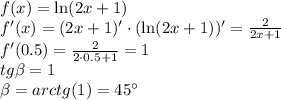 f(x)=\ln(2x+1)\\ f'(x)=(2x+1)'\cdot(\ln (2x+1))'= \frac{2}{2x+1} \\ f'(0.5)= \frac{2}{2\cdot0.5+1}=1\\ tg \beta =1\\ \beta =arctg(1)=45а