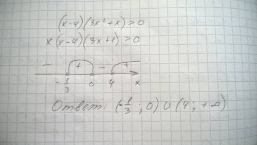 Завтра решить неравенство : (x-4)(3x^2 + x) больше (знак) 0. я в долгу не останюсь