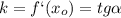 k=f`(x_o)=tg \alpha