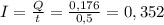 I= \frac{Q}{t} = \frac{0,176}{0,5} = 0,352