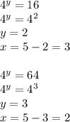 4^y=16\\ 4^y=4^2\\ y=2\\ x=5-2=3\\ \\ 4^y=64\\4^y=4^3\\y=3\\x=5-3=2