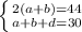 \left \{ {{2(a+b)=44} \atop {a+b+d=30}} \right.