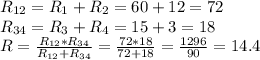 R_{12}= R_{1} + R_{2}=60+12=72 \\ R_{34}= R_{3} + R_{4}=15+3=18 \\ R= \frac{R_{12}*R_{34}}{R_{12}+R_{34}} = \frac{72*18}{72+18}= \frac{1296}{90}= 14.4