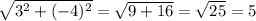 \sqrt{3^2+(-4)^2 }= \sqrt{9+16}= \sqrt{25}=5