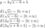 y=3 \sqrt{x-6}+5\\\\E( \sqrt{x})=[0;+\infty)\\E( \sqrt{x-6})=[0;+\infty)\\E(3 \sqrt{x-6})=[0;+\infty)\\E(3 \sqrt{x+6}+5)=[5;+\infty) &#10;