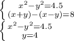 \left \{ {{ x^{2} - y^{2} =4.5} \atop {(x+y)-(x-y)=8}} \right. \\ \left \{ {{ x^{2} - y^{2} =4.5} \atop {y=4}} \right.