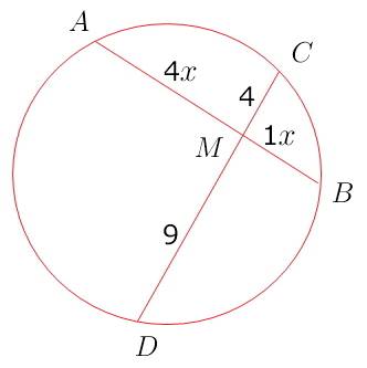 Хорды аб и сд пересекаются в точке м найдите длину хорды аб если см=4см дм=9см ам: мб=4: 1