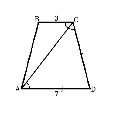 Добрые люди(( основания равнобокой трапеции равны 3см и 7см, а диагональ делит тупой угол пополам. н