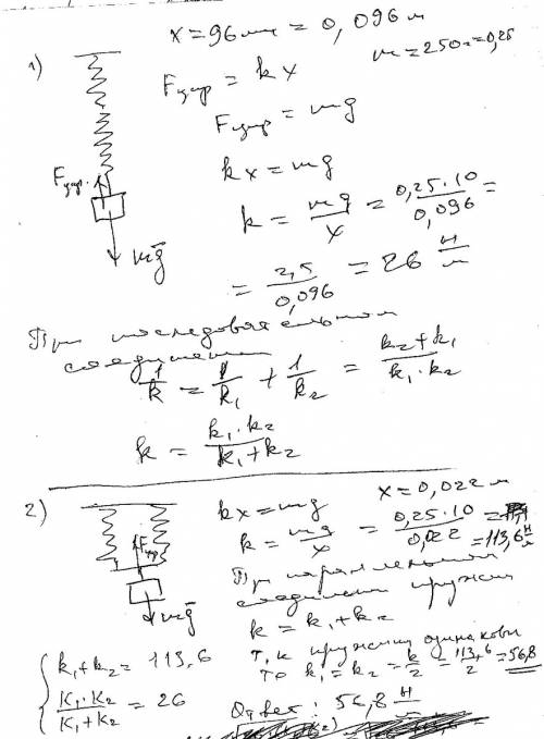 Маємо тіло масою 250 г. та дві однакові пружини. коли тіло підвісили до пружин, з’єднанних послідовн