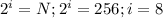 2^i=N; 2^i=256; i=8