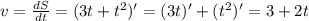 v= \frac{dS}{dt}=( 3t+t^2)'=(3t)'+(t^2)'=3+2t