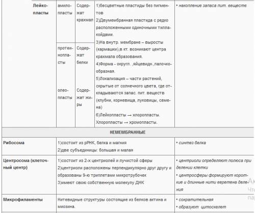 Таблица 9 класс часть клетки, особиности строения,функции .