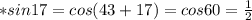 *sin17=cos(43+17)=cos60= \frac{1}{2}