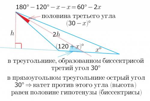 Докажите один из углов треугольника на 120° больше другого. докажите, что биссектриса треугольника,