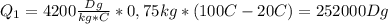 Q_1=4200 \frac{Dg}{kg*C}*0,75kg*(100C-20C)=252000Dg