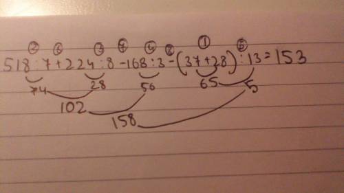 Как решить пример по действиям 518: 7+224: 8-168: 3-(37+28): 13=