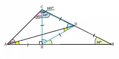 Дан треугольник abc, угол 30, угол с 105, точка d середина вс. найти угол bad