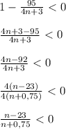 1-\frac{95}{4n+3}\ \textless \ 0\\\\ \frac{4n+3-95}{4n+3}\ \textless \ 0\\\\ \frac{4n-92}{4n+3}\ \textless \ 0\\\\ \frac{4(n-23)}{4(n+0,75)}\ \textless \ 0\\\\ \frac{n-23}{n+0,75}\ \textless \ 0