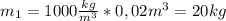 m_1=1000 \frac{kg}{m^3} *0,02m^3=20kg