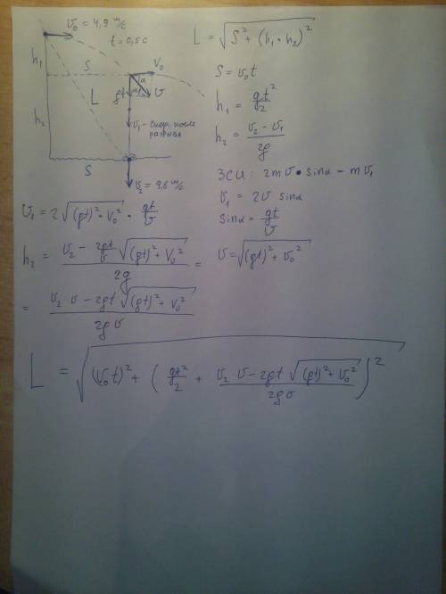 Свысокого берега брошена граната с горизонтальной скоростью 4,9м/c. через 0,5с граната разорвалась н