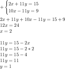 +\begin{cases}2x+11y=15\\ 10x-11y=9\end{cases} \\ \\ 2x+11y+10x-11y=15+9 \\ 12x=24 \\ x=2 \\ \\ 11y=15-2x \\ 11y=15-2*2 \\ 11y=15-4 \\ 11y=11 \\ y=1