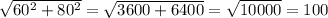 \sqrt{ 60^{2} + 80^{2} } = \sqrt{3600+6400} = \sqrt{10000} =100