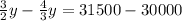 \frac{3}{2}y-\frac{4}{3}y=31500-30000