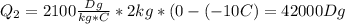 Q_2=2100 \frac{Dg}{kg*C}*2kg*(0-(-10C)=42000Dg