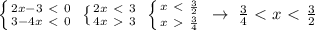 \left \{ 2x-3\ \textless \ 0} \atop {3-4x\ \textless \ 0}} \right. \; \left \{ {{2x\ \textless \ 3} \atop {4x\ \textgreater \ 3}} \right. \; \left \{ {{x\ \textless \ \frac{3}{2}} \atop {x\ \textgreater \ \frac{3}{4}}} \right. \; \to \; \frac{3}{4}\ \textless \ x\ \textless \ \frac{3}{2}