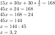 15x+30x+30* \frac{4}{5} =168 \\ 45x+24=168 \\ 45x=168-24 \\ 45x=144 \\ x=144:45 \\ x=3,2