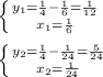 \left \{ {{y_1= \frac{1}{4}- \frac{1}{6}= \frac{1}{12} } \atop { x_1= \frac{1}{6} }} \right. \\ \\ \left \{ {{y_2= \frac{1}{4}- \frac{1}{24}= \frac{5}{24} } \atop { x_2= \frac{1}{24} }} \right. \