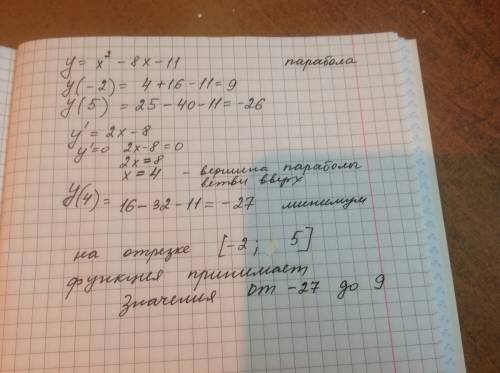 Найдите область значений функции y=x^2-8x-11, где x принадлежит [-2, 5]