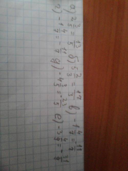 Представьте в виде неправильной дроби. а)2 3/5; б)5 2/3; 4/7); г)-1 4/7; д)-4 3/5; е)-3 4/9: