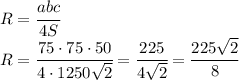 R= \cfrac{abc}{4S} &#10;\\\&#10;R= \cfrac{75\cdot75\cdot50}{4\cdot 1250\sqrt{2} } = \cfrac{225}{4\sqrt{2} } =\cfrac{225 \sqrt{2} }{8 }