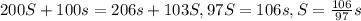 200S+100s=206s+103S,&#10; 97S=106s,&#10; S= \frac{106}{97}s&#10;