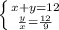 \left \{ {{x+y=12} \atop { \frac{y}{x} = \frac{12}{9}}} \right.