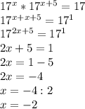 17^x*17^{x+5}=17\\17^{x+x+5}=17^1\\17^{2x+5}=17^1\\2x+5=1\\2x=1-5\\2x=-4\\x=-4:2\\x=-2