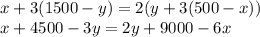 x+3(1500-y)=2(y+3(500-x))\\ x+4500-3y=2y+9000-6x