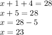 x+1+4=28 \\ x+5=28 \\ x=28-5 \\ x=23