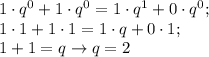 1\cdot q^0+1\cdot q^0=1\cdot q^1+0\cdot q^0; \\ 1\cdot1+1\cdot1=1\cdot q+0\cdot1; \\ 1+1=q \to q=2