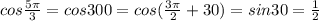 cos \frac{5 \pi }{3}=cos300=cos( \frac{3 \pi }{2}+30)=sin30= \frac{1}{2}