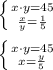 \left \{ {{x\cdot y=45} \atop { \frac{x}{y} = \frac{1}{5}}} \right.\\ \\ \left \{ {{x\cdot y=45} \atop {x= \frac{y}{5}}} \right.