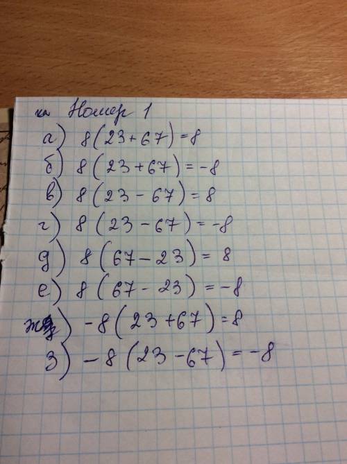 Номер 1 вынесите общий множитель за скобки а) 8*23+8*67=8 б)8*23+8*67=-8 в)8*23-8*67=8 г)8*23-8*67=-