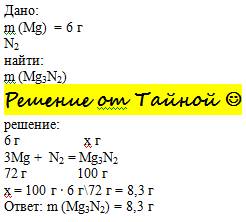 Найти массу вещества, который образуется при взаимодействии 6 г магния с азотом