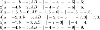 1) a=-1 , b=4; AB= |-1-4|= |-5|=5;\\2) a=-4,b=2; AB=|-4-2| =|-6|=6;\\3) a=1,5, b=6; AB=|1,5-6|=|-4,5| =4,5;\\4) a=-2,3 ,b=5 ; AB=|-2,3-5| =|-7,3|=7,3;\\5) a=-7,b=-3 ; AB=|-7+3| =|-4|=4;\\6)a=-4, b=5; AB=|-4-5|=|-9|=9.