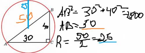 Катеты прямоугольного треугольника равны 30 см и 40 см. найдите радиус описанной окружности
