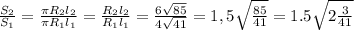 \frac{S_2}{S_1}= \frac{ \pi R_2l_2}{ \pi R_1l_1}= \frac{R_2l_2}{R_1l_1}= \frac{6 \sqrt{85}}{4 \sqrt{41}}=1,5 \sqrt{ \frac{85}{41}}=1.5 \sqrt{2\frac{3}{41}}