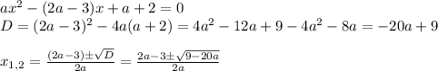 ax^2-(2a-3)x+a+2=0\\D=(2a-3)^2-4a(a+2)=4a^2-12a+9-4a^2-8a=-20a+9\\\\&#10;x_{1,2}=\frac{(2a-3)\pm\sqrt{D}}{2a}=\frac{2a-3\pm\sqrt{9-20a}}{2a}